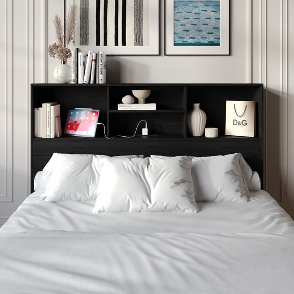 Home Design Pomona Queen Freestanding Bookcase Headboard with Storage Shelves & Built-In Power Outlet, Black