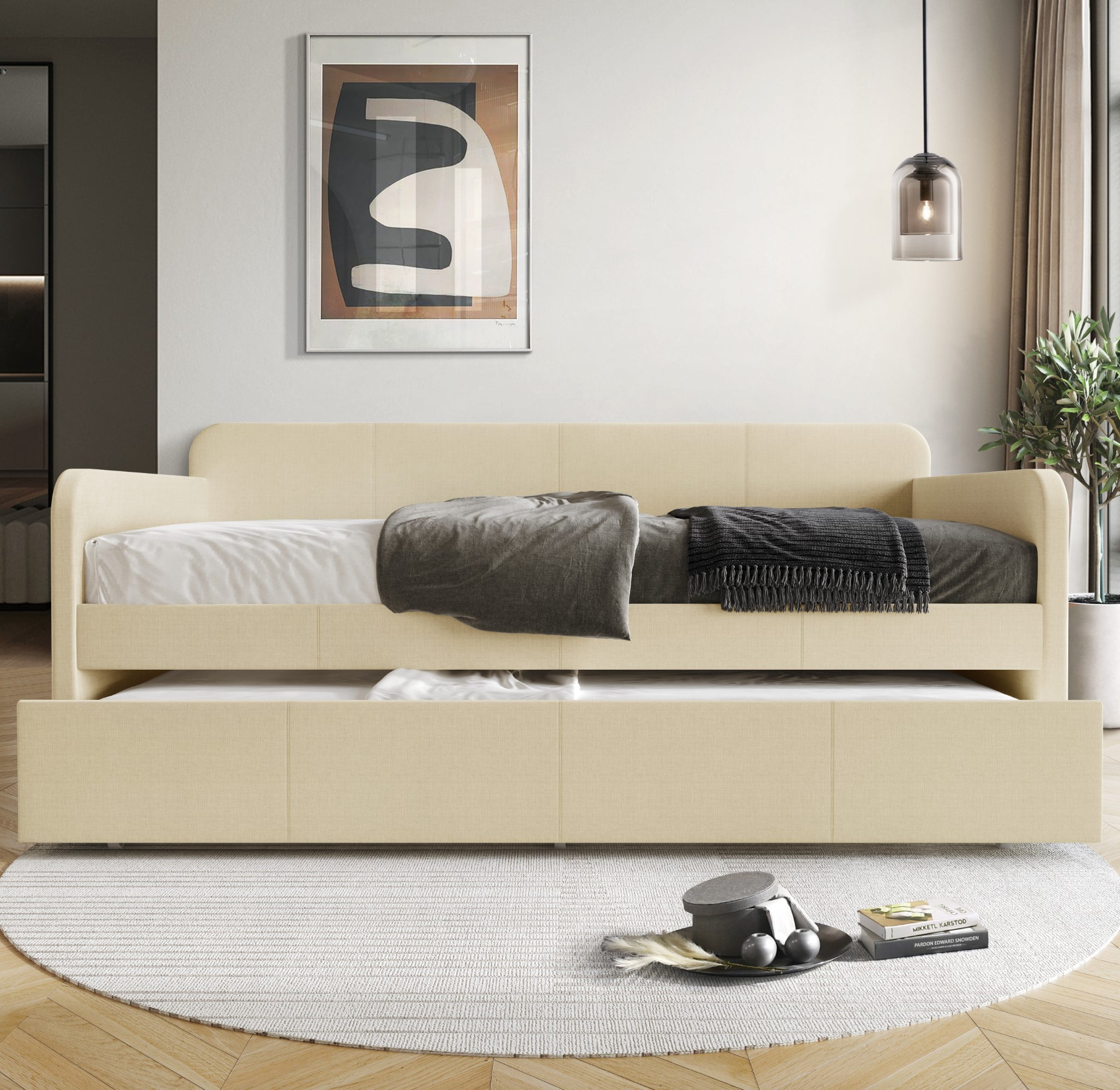 Home Design Tiara Twin Daybed with Upholstered Frame and Pull-Out Trundle, Casual Design for Bedroom or Guestroom, Beige