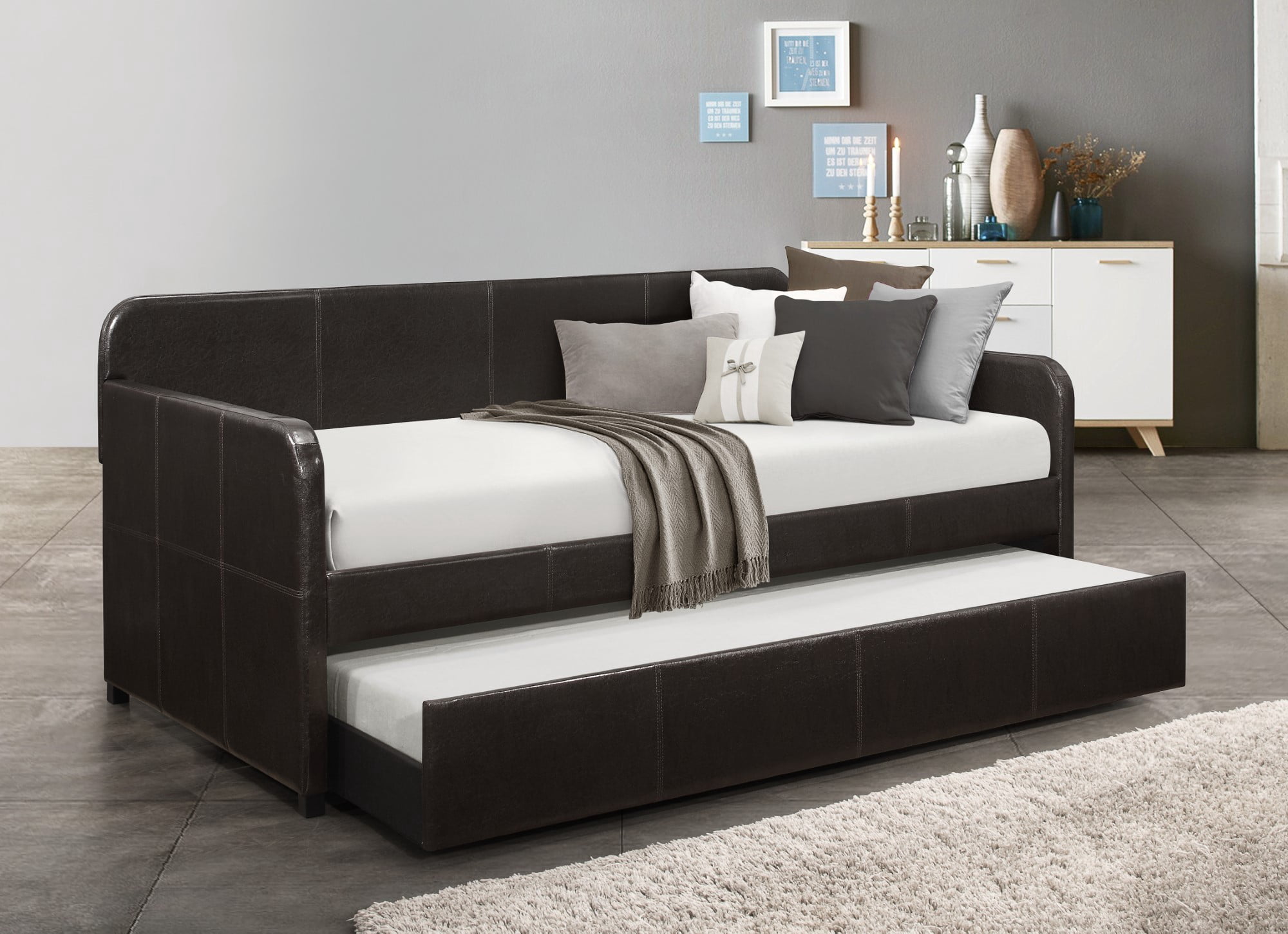 Home Design Tiara Twin Daybed with Upholstered Frame and Pull-Out Trundle, Casual Design for Bedroom and Guestroom, Dark Brown