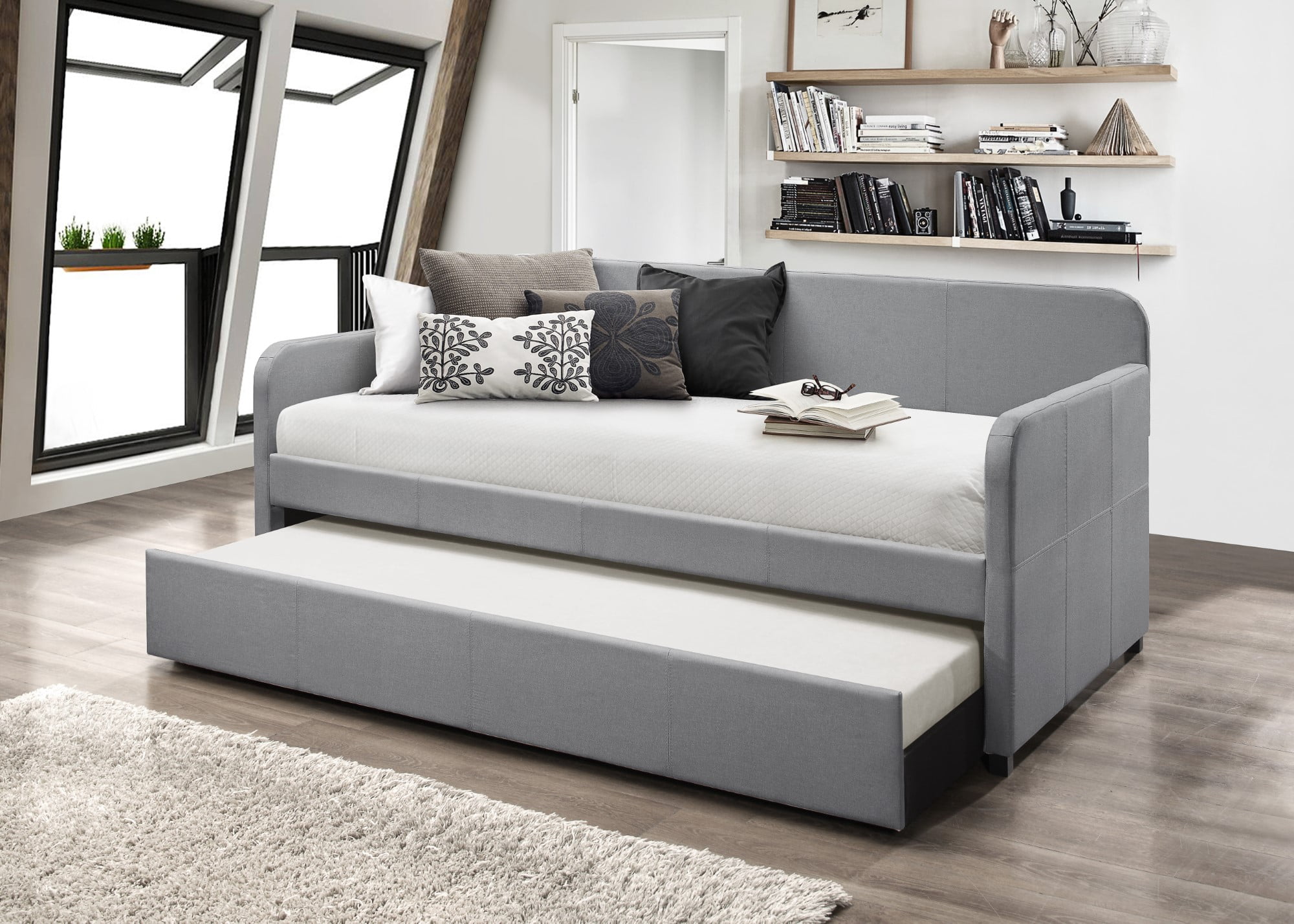 Home Design Tiara Twin Gray Daybed with Upholstered Frame, Pull-Out Trundle,  Casual Design for Bedroom & Guestroom