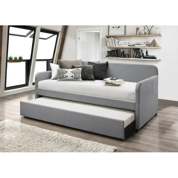 Home Design Tiara Twin Gray Daybed with Upholstered Frame, Pull-Out Trundle, Casual Design for Bedroom & Guestroom