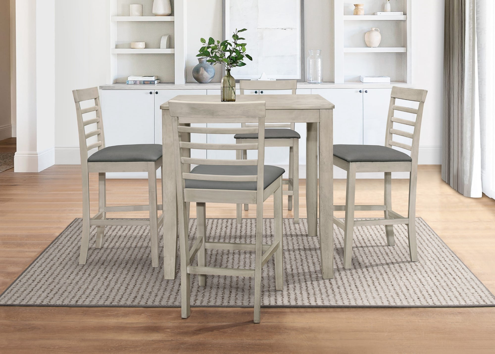 Home Design Posey 5-Piece Counter Set, Antique Gray/Gray, Square Table with Slat-Back Cushioned Chairs, Modern Minimalist Style