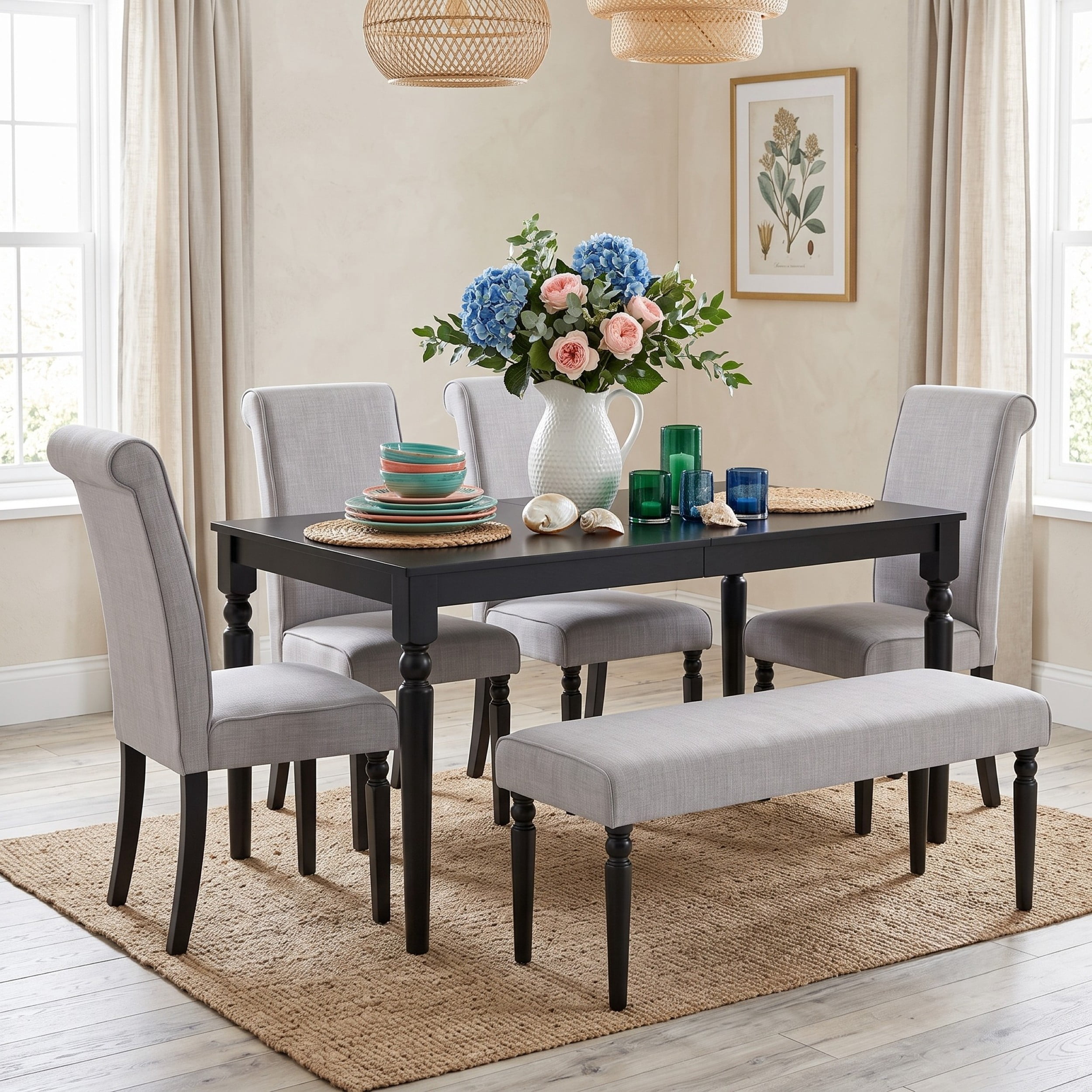 Home Design Pryor 6-Piece Dining Table Set- Rectangular Table, Upholstered Chairs and Bench, Modern Turned Legs Design, Black