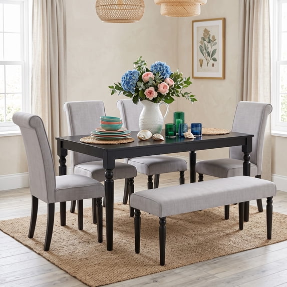 Home Design Pryor 6-Piece Dining Table Set- Rectangular Table, Upholstered Chairs and Bench, Modern Turned Legs Design, Black