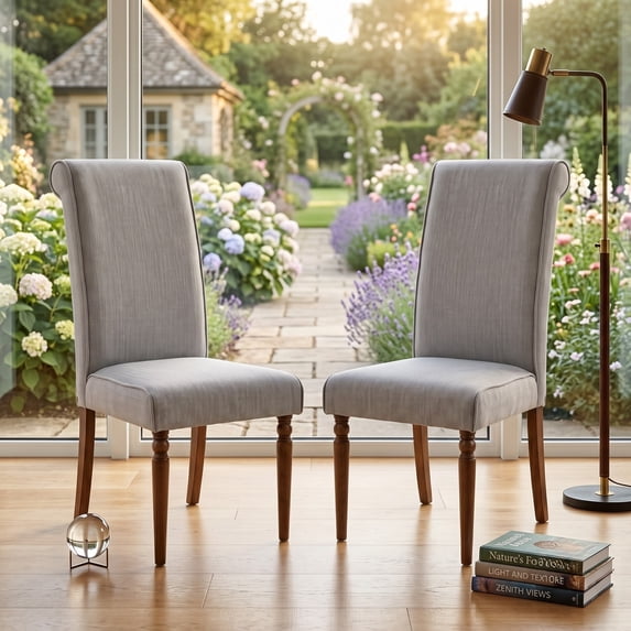 Home Design Pryor Dining Chair (Set of 2), Modern Rolled Back and Turned Front Legs Design, Brown