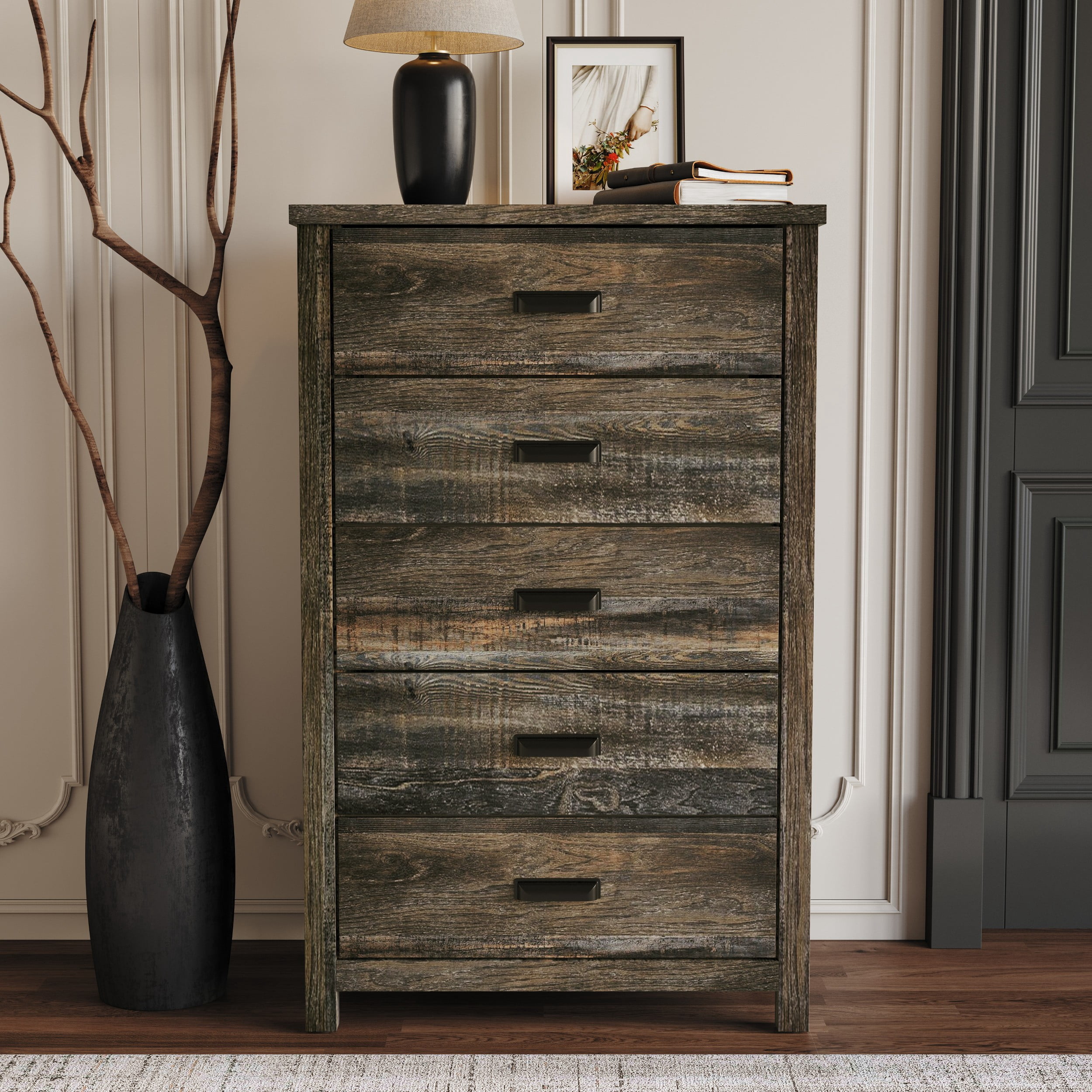 Home Design Racine 5-Drawer Chest, Brown Oak, Wood, Classic Bedroom Storage