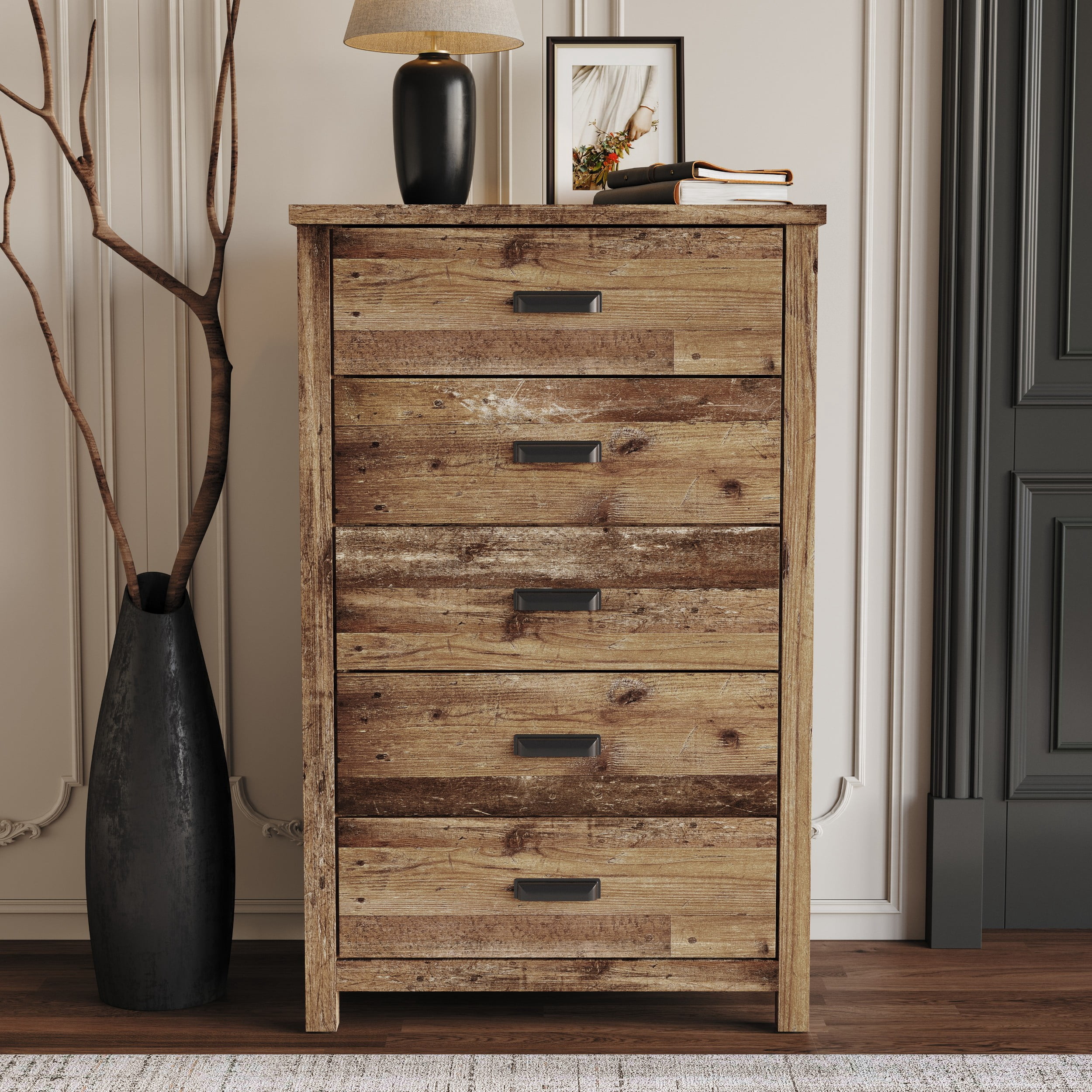 Home Design Racine 5-Drawer Chest, Vintage Oak, Wood, Classic Bedroom Storage