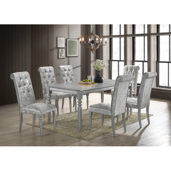 Home Design Reston 7-Piece Rectangular Dining Table with 6 Diamond-Tufted Cushioned Chairs, Turned Legs, Modern Elegant Design, Silver/Shiny Silver Gray