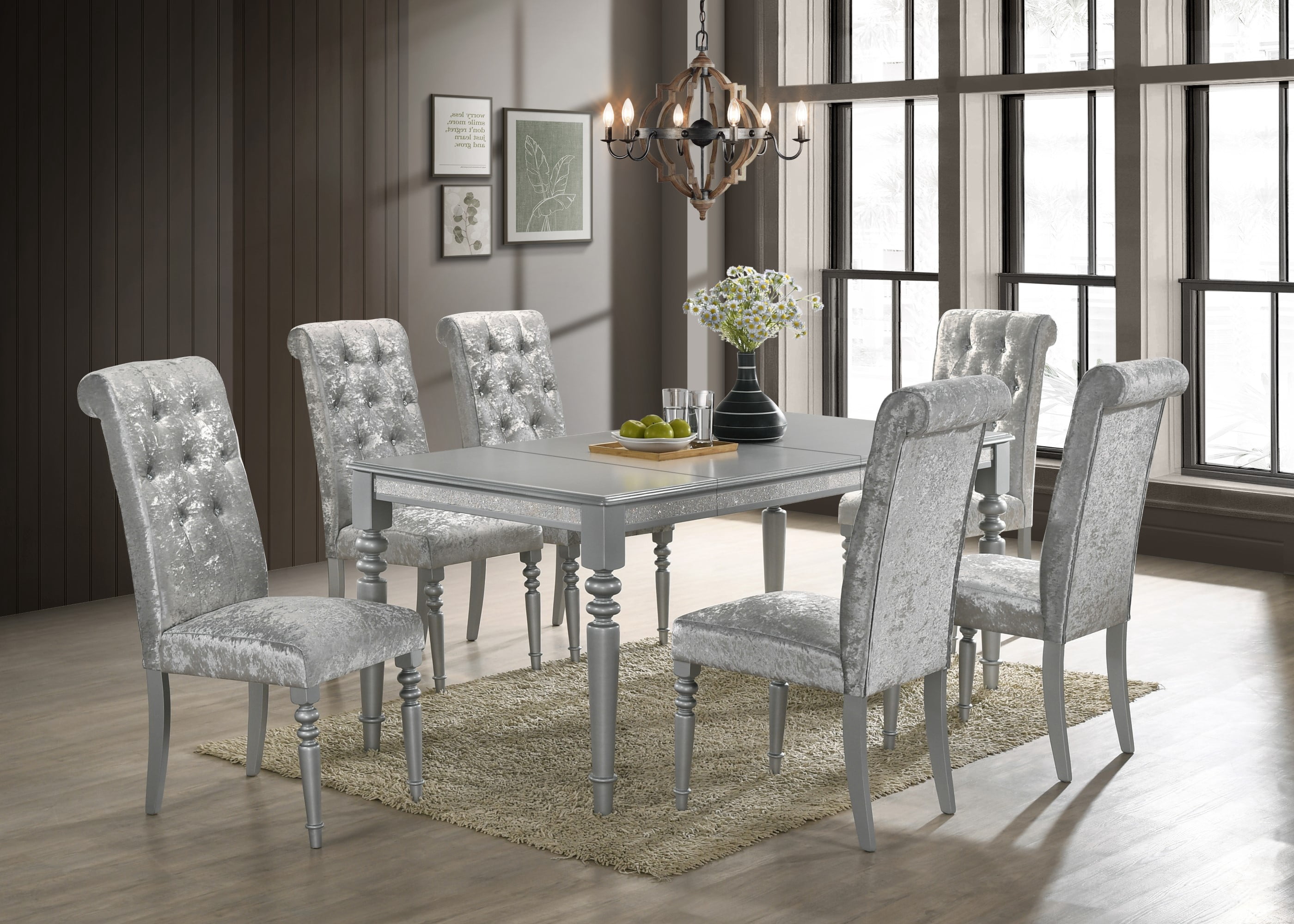 Home Design Reston Dining Chair (Set of 6), Silver/Shiny Silver Gray, Diamond-tufted back, Padded seat, Turned front legs, Tapered back legs, Luxurious design, Comfortable seating