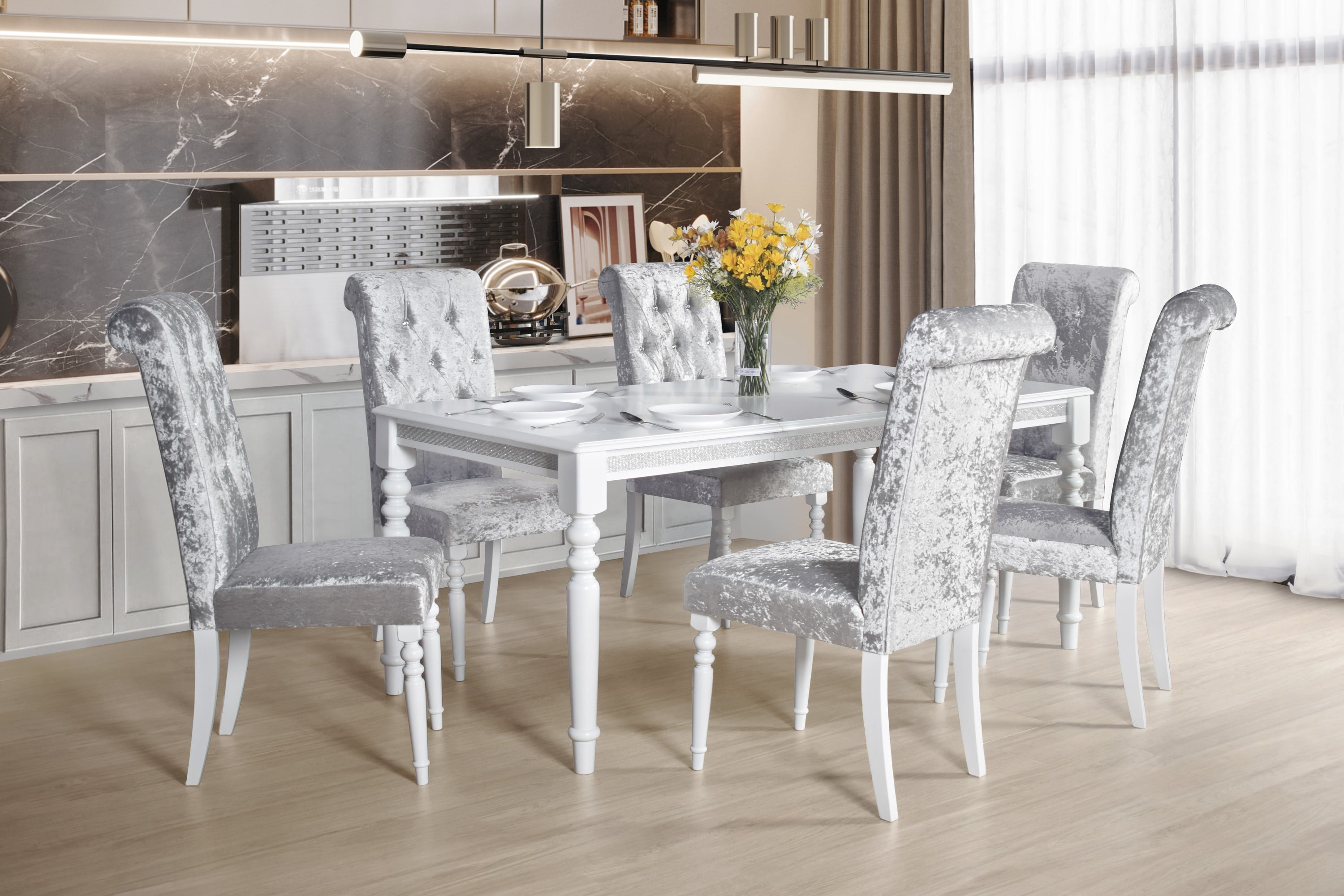 Home Design Reston Dining Chair (Set of 6), White/Shiny Silver Gray, Diamond-tufted back, Padded seat, Turned front legs, Tapered back legs, Luxurious design, Comfortable seating