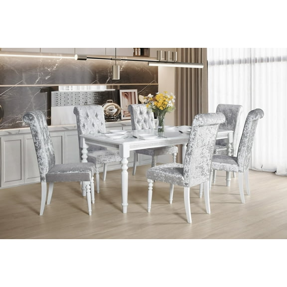Home Design Reston 7-Piece Rectangular Dining Table with 6 Diamond-Tufted Cushioned Chairs, Turned Legs, Modern Elegant Design, White/Shiny Silver Gray