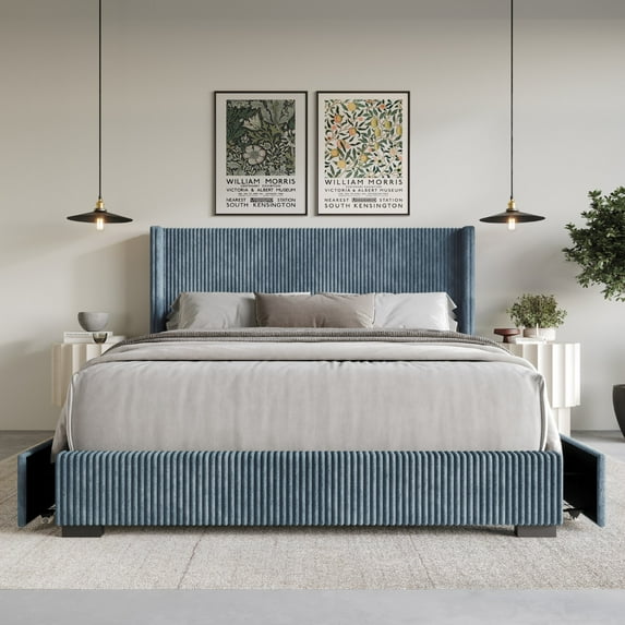 Home Design Rochester Full Upholstered Storage Platform Bed Frame with Wingback Headboard and Four Under-Drawers, Blue, Easy Assembly