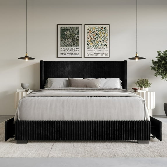 Home Design Rochester Queen Upholstered Storage Platform Bed Frame with Wingback Headboard and Four Under-Drawers, Black, Easy Assembly