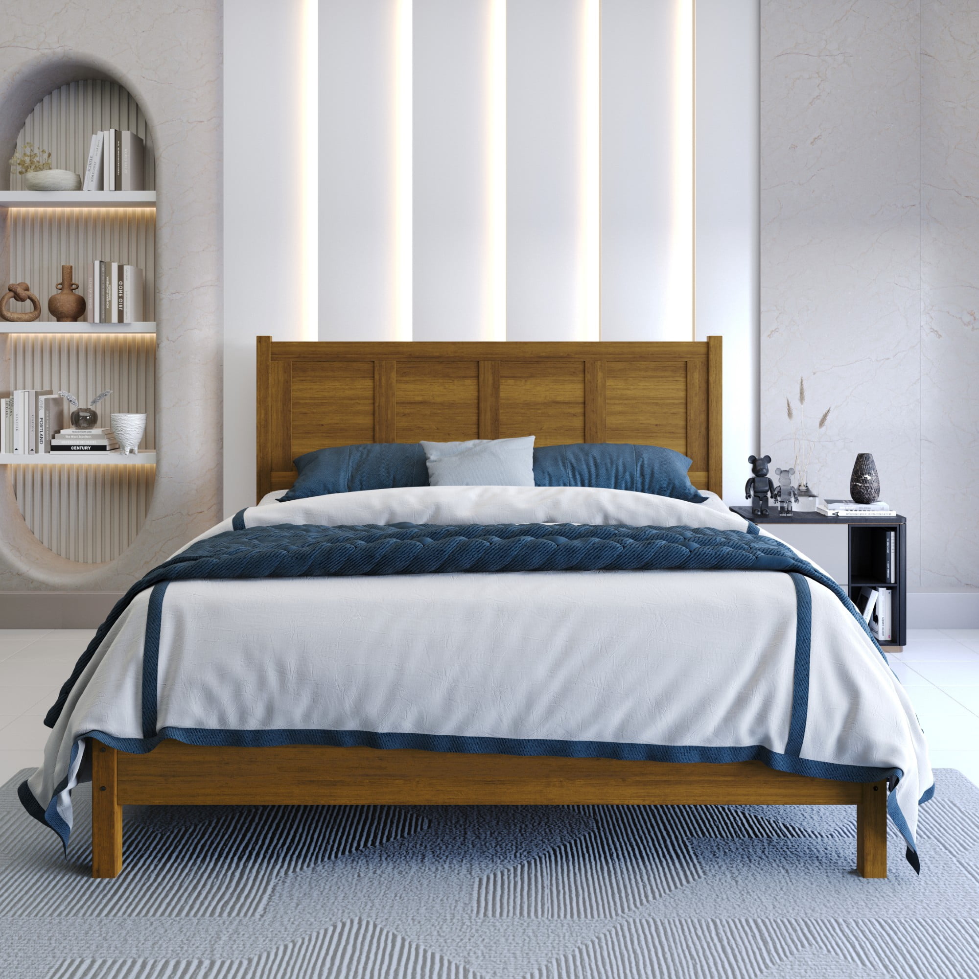 Home Design Rogers Queen Solid Wood Platform Bed Frame with Panel Headboard, No Box Spring Needed, Brown