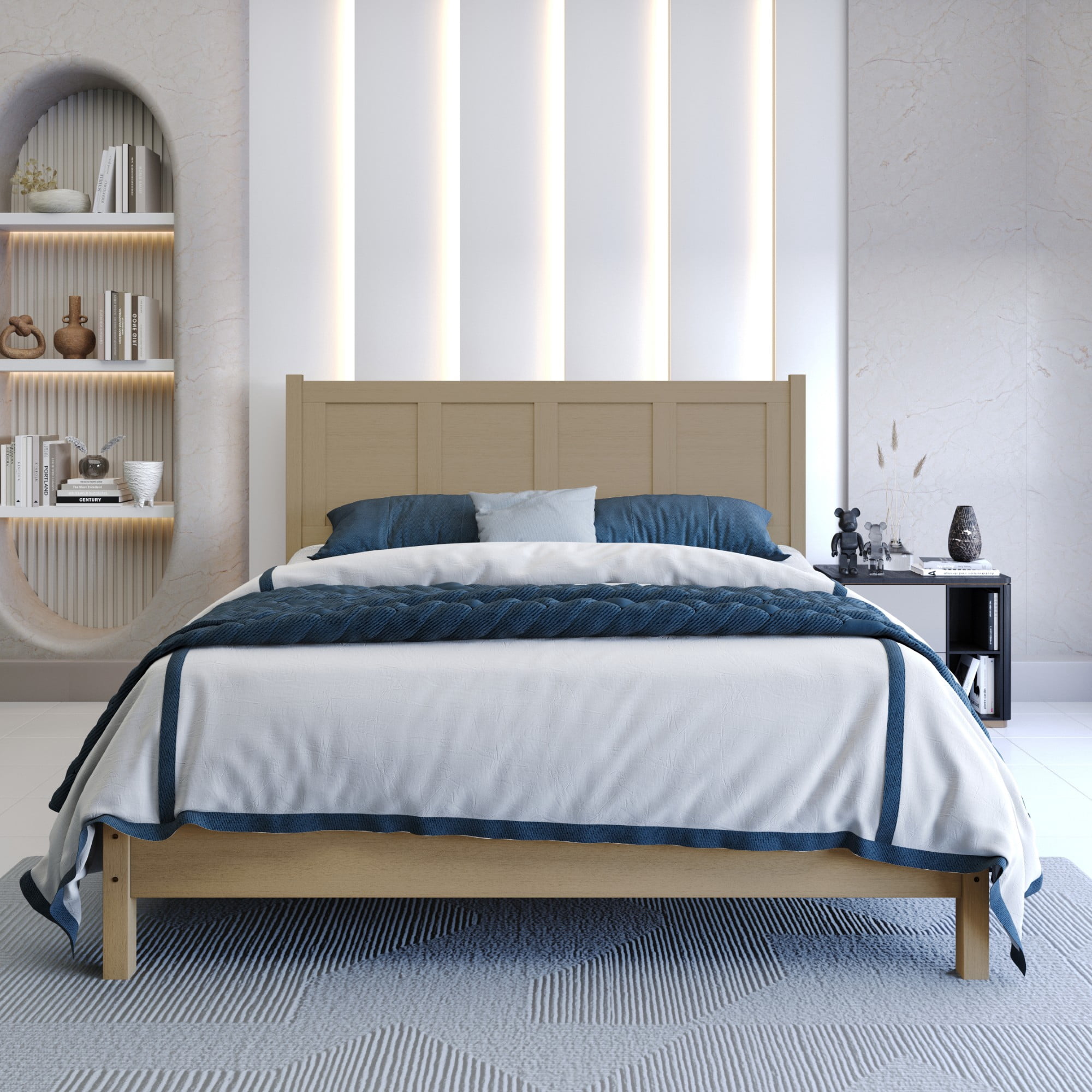 Home Design Rogers Queen Solid Wood Platform Bed Frame with Panel Headboard, No Box Spring Needed, Gray