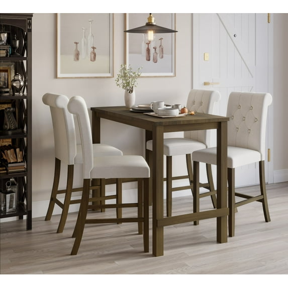 Home Design Rolla Counter Height Dining Set, Warm Gray/Brown, Counter-height table, Button-tufted cushioned chairs, Comfortable seating, Sturdy frame, Space-saving, Classic style