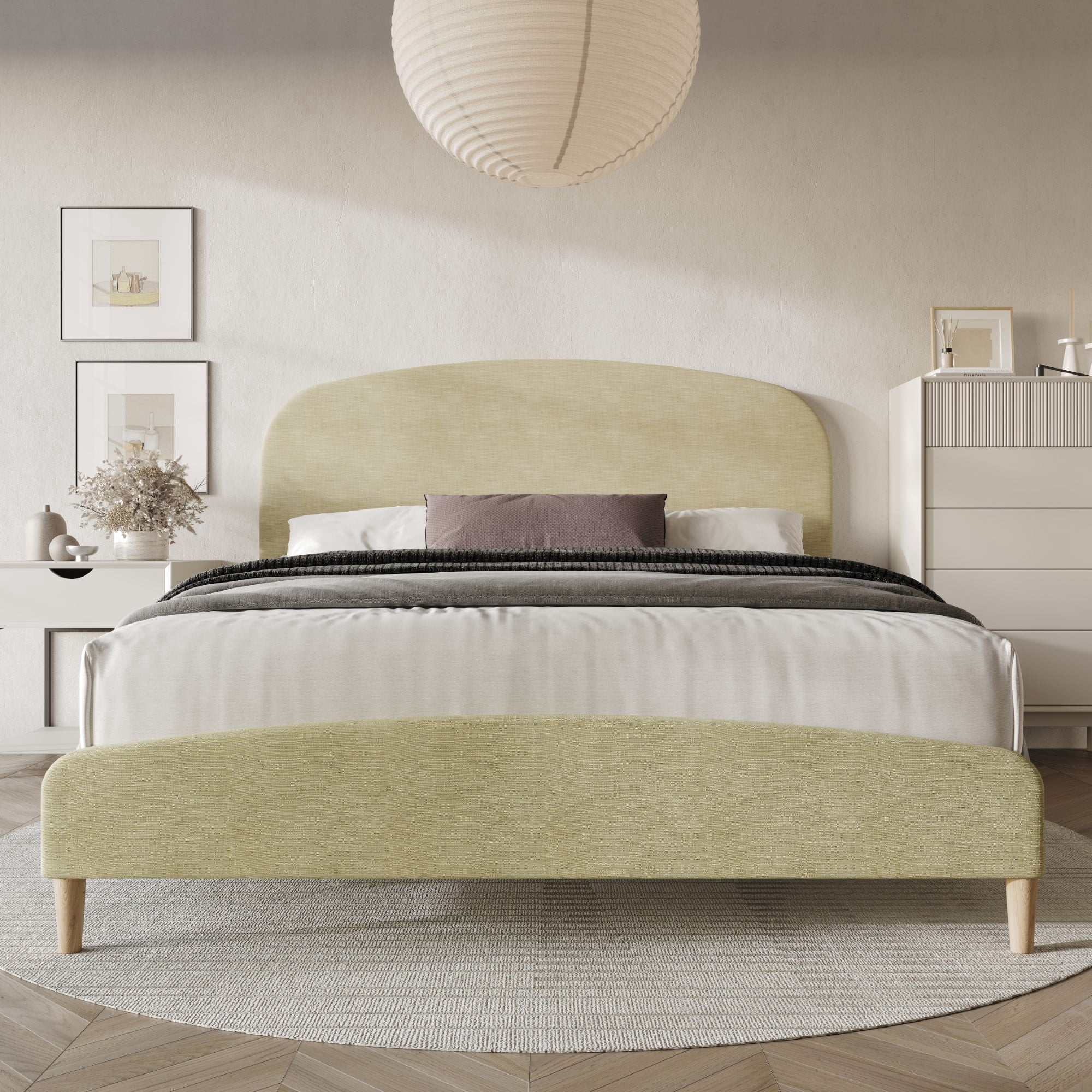 Home Design Rugby Queen Upholstered Panel Bed Frame, Cream, Easy Assembly