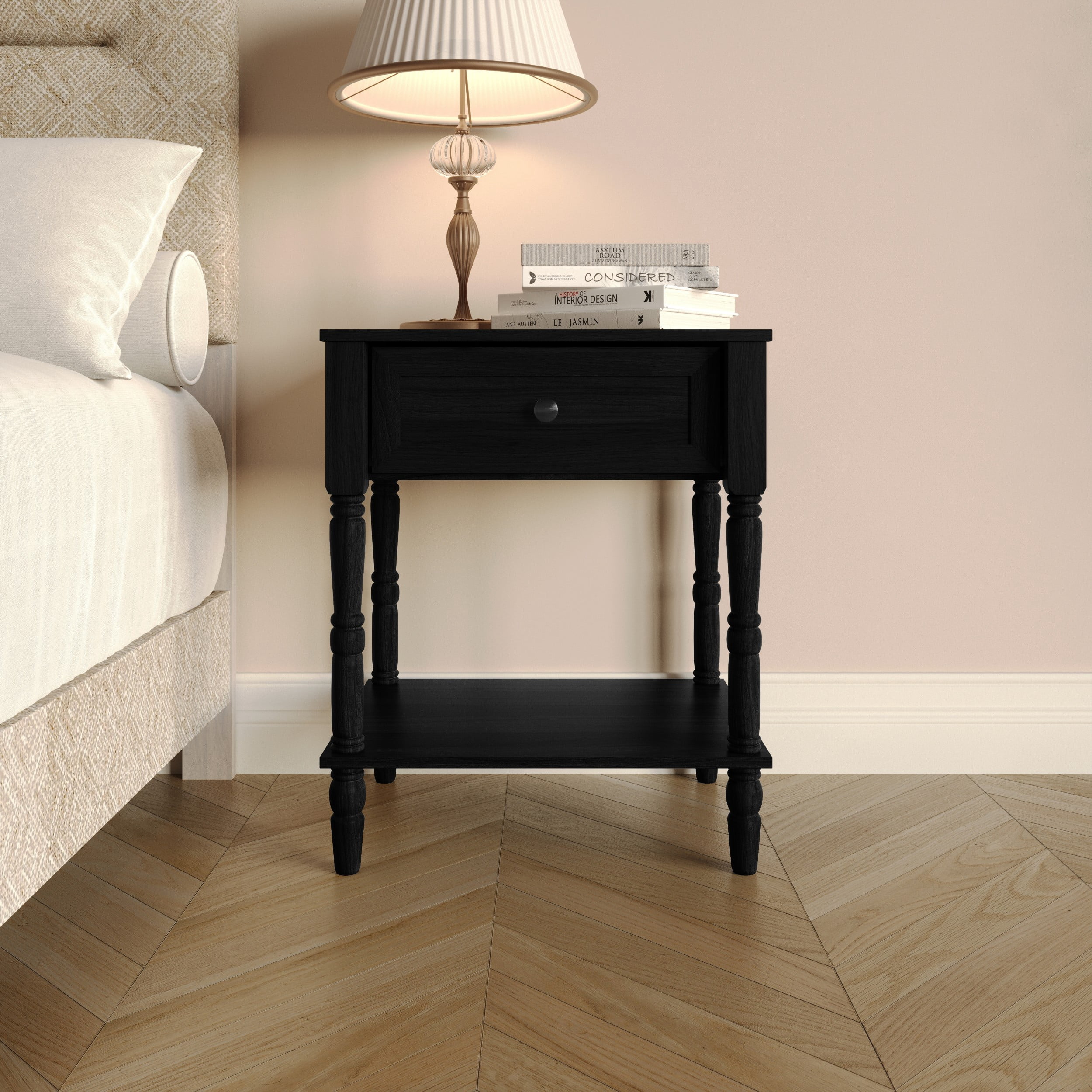Home Design Rumford 1-Drawer Nightstand for Adult, Modern Bedside Table with Storage, Black Finish