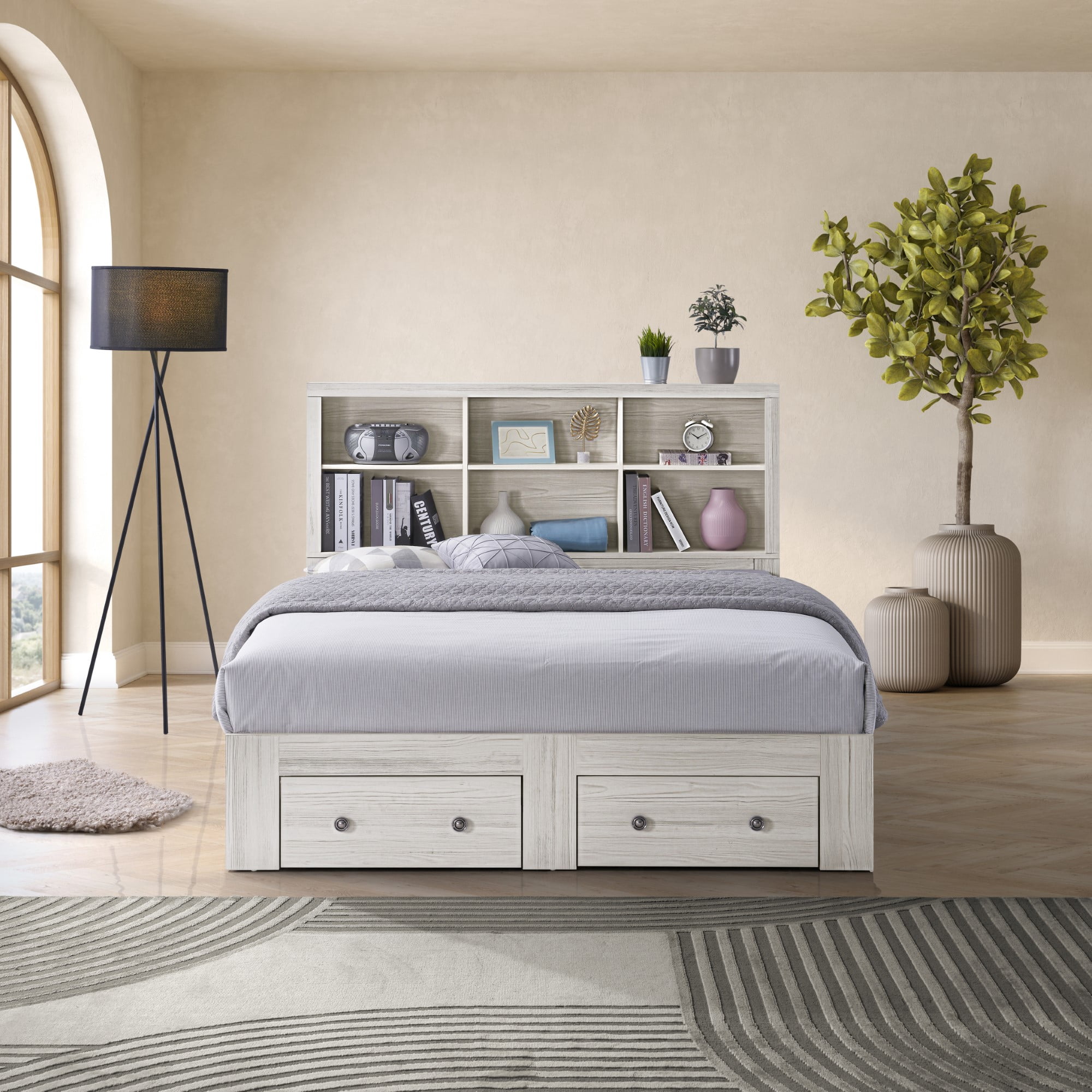 Home Design Salina Queen Bookcase Platform Bed with 2 Drawer, Light Gray