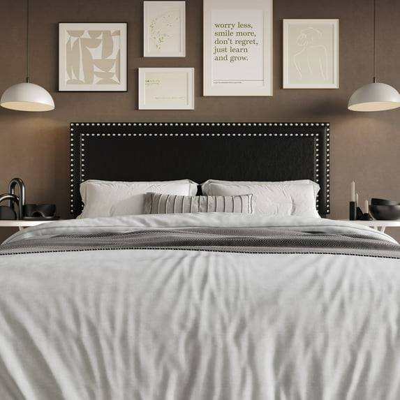 Home Design Sarasota Twin Upholstered Headboard with Double Nailhead Trim and Foam Padding, Black, Easy Assembly