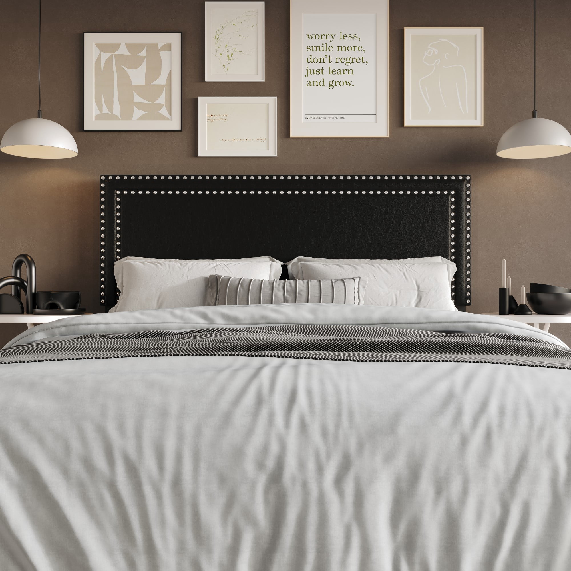 Home Design Sarasota King Upholstered Headboard with Double Nailhead Trim and Foam Padding, Black, Easy Assembly