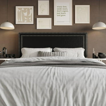 Home Design Sarasota King Upholstered Headboard with Double Nailhead Trim and Foam Padding, Black, Easy Assembly
