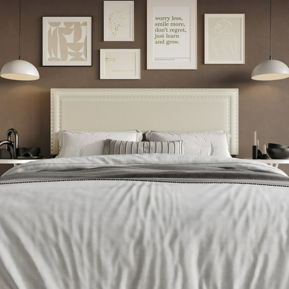 Home Design Sarasota Queen Upholstered Headboard with Double Nailhead Trim and Foam Padding, Cream, Easy Assembly