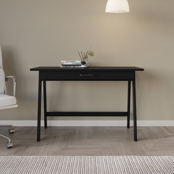Home Design Serafina Writing Desk with Spacious Tabletop and Built-In Drawer, Modern Clean-Lined Design for Home Office, Study Space, or Remote Work, Black
