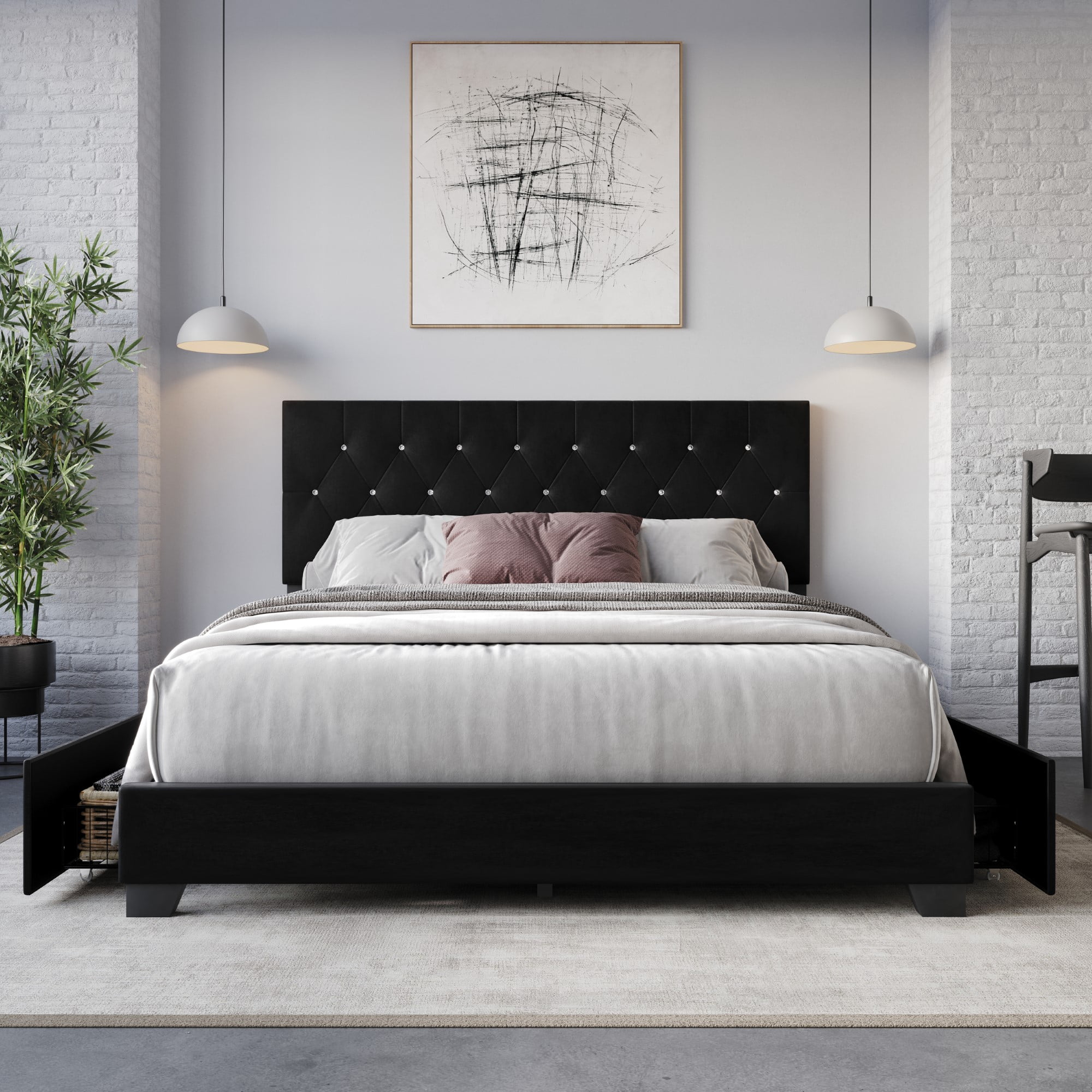Home Design Sheffield King Tufted Upholstered Storage Platform Bed Frame with Diamond Button-Tufted Headboard and Four Under-Drawers, Black, Easy Assembly