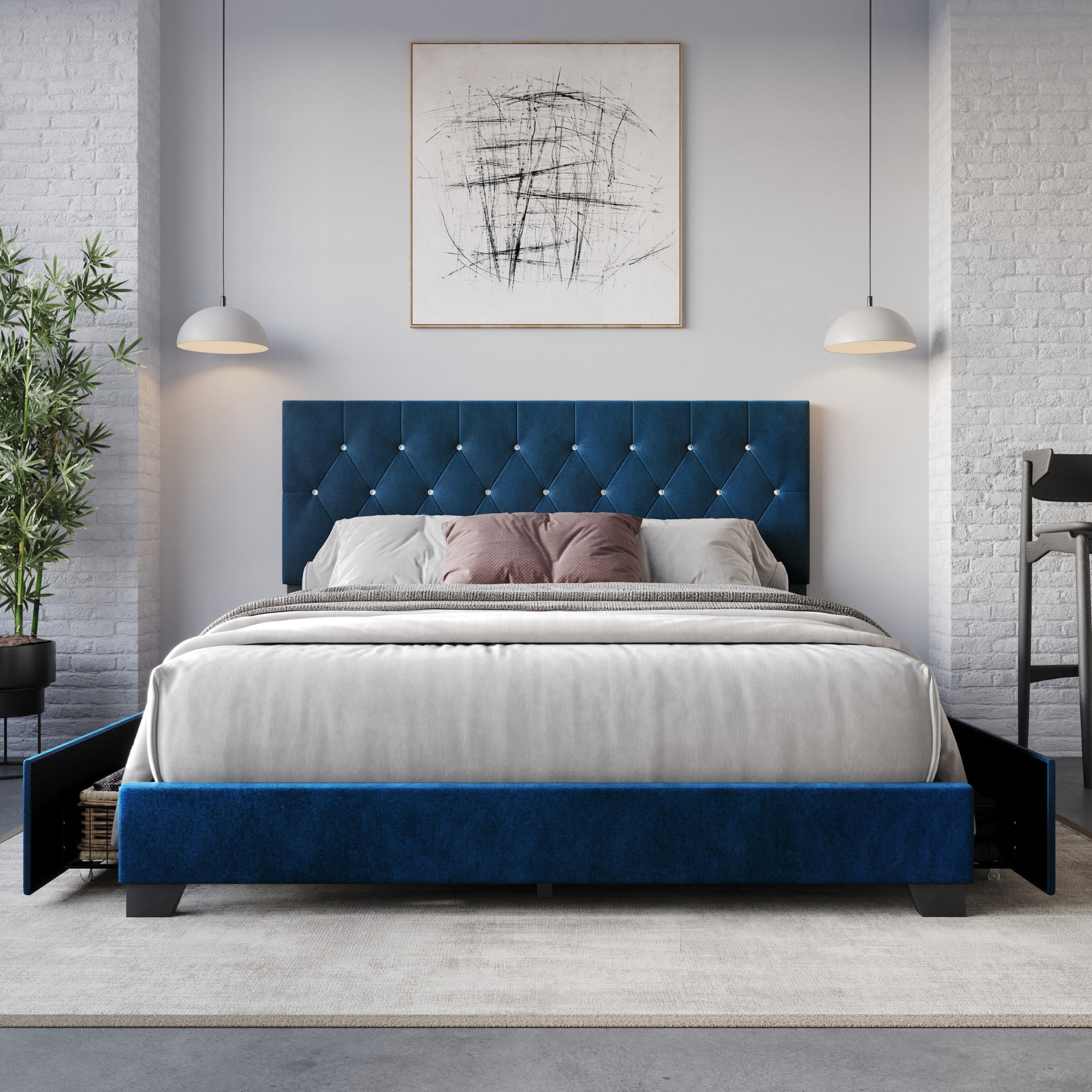 Home Design Sheffield King Tufted Upholstered Storage Platform Bed Frame with Diamond Button-Tufted Headboard and Four Under-Drawers, Blue, Easy Assembly