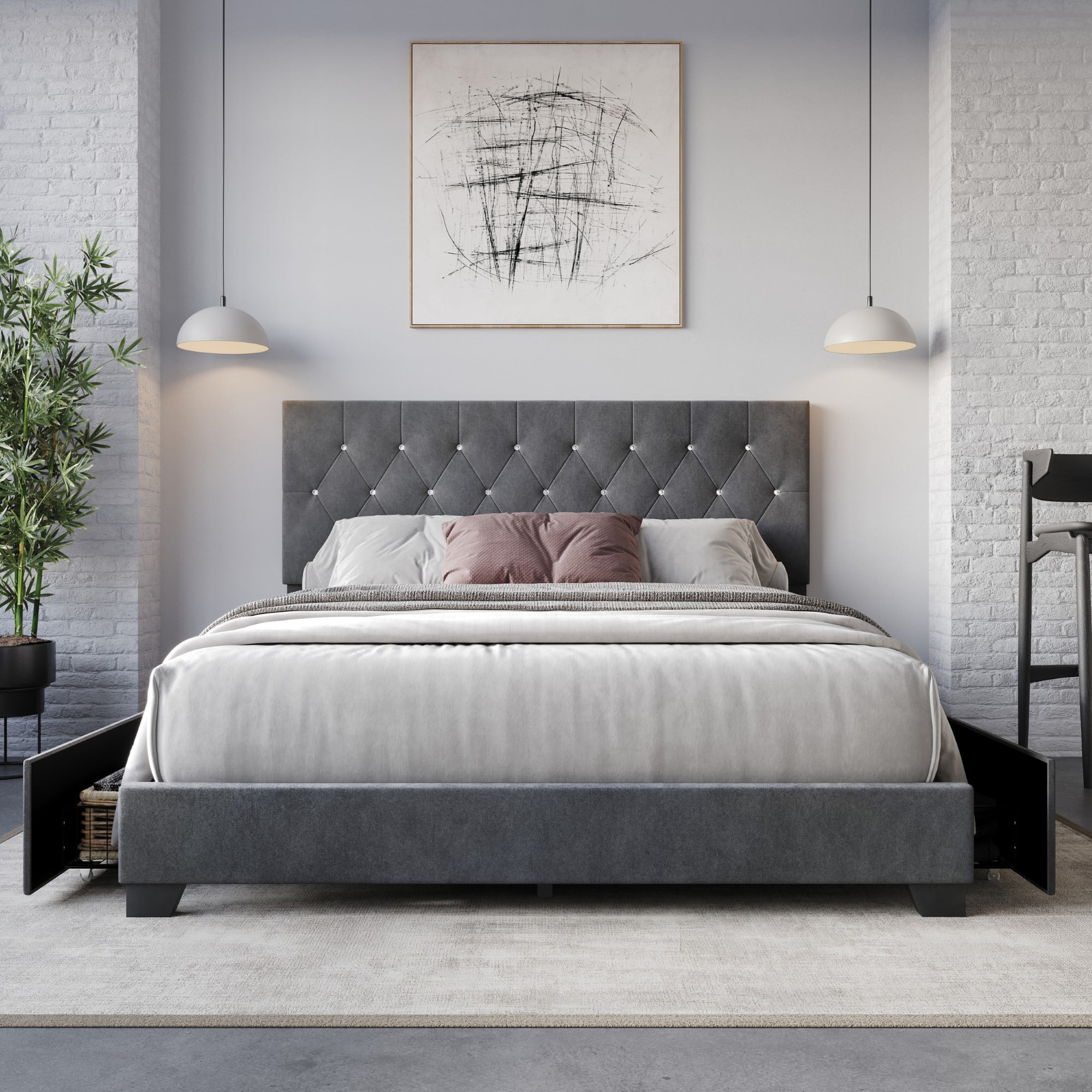 Home Design Sheffield King Tufted Upholstered Storage Platform Bed Frame with Diamond Button-Tufted Headboard and Four Under-Drawers, Dark Gray, Easy Assembly