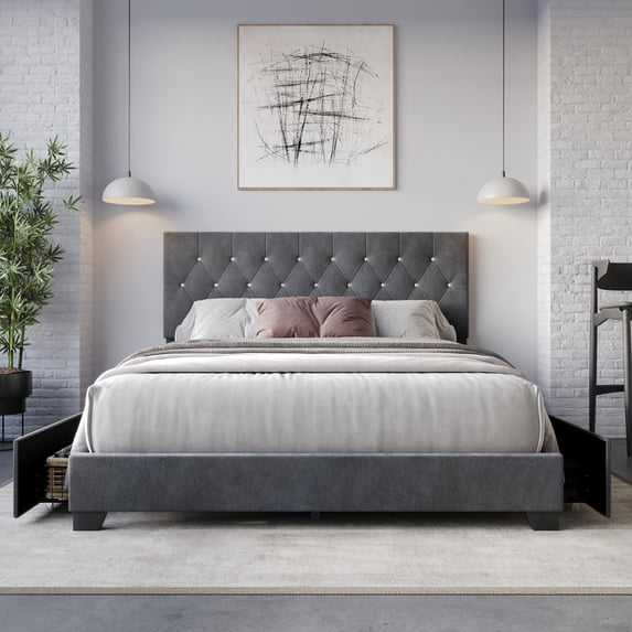 Home Design Sheffield King Tufted Upholstered Storage Platform Bed Frame with Diamond Button-Tufted Headboard and Four Under-Drawers, Dark Gray, Easy Assembly