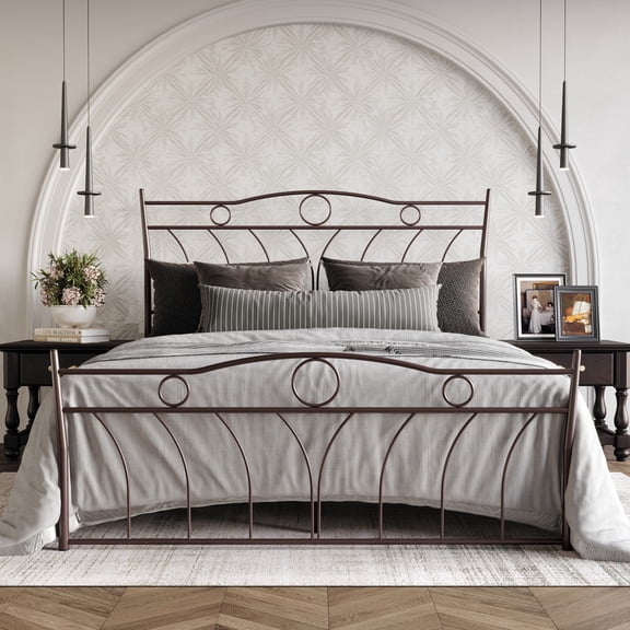 Home Design Shelby Full Metal Bed Frame for Adults, Brown, Classic Headboard and Footboard Design, Sturdy Frame, Easy Assembly