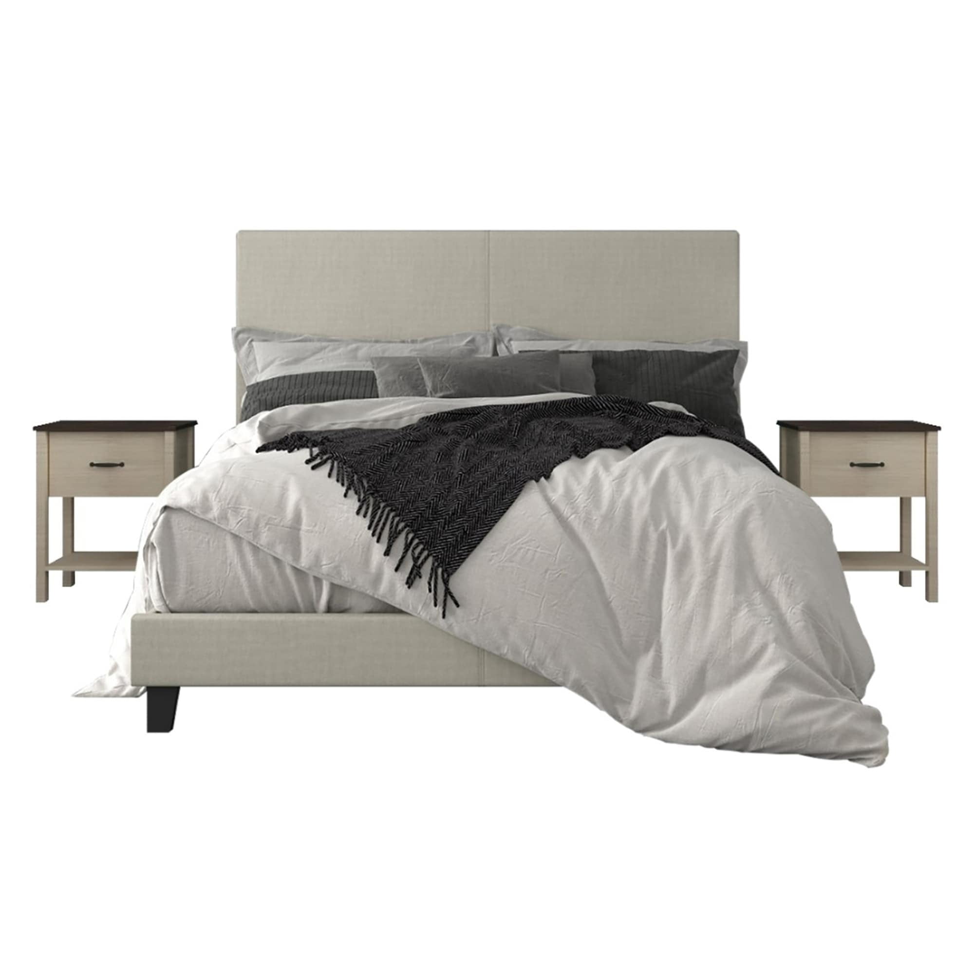 Home Design Shyla Full Upholstered Panel Bed Frame with 2 Nightstands for Adults, Warm Gray