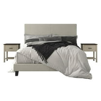 Home Design Shyla Twin Upholstered Panel Bed Frame with 2 Nightstands for Adults, Warm Gray
