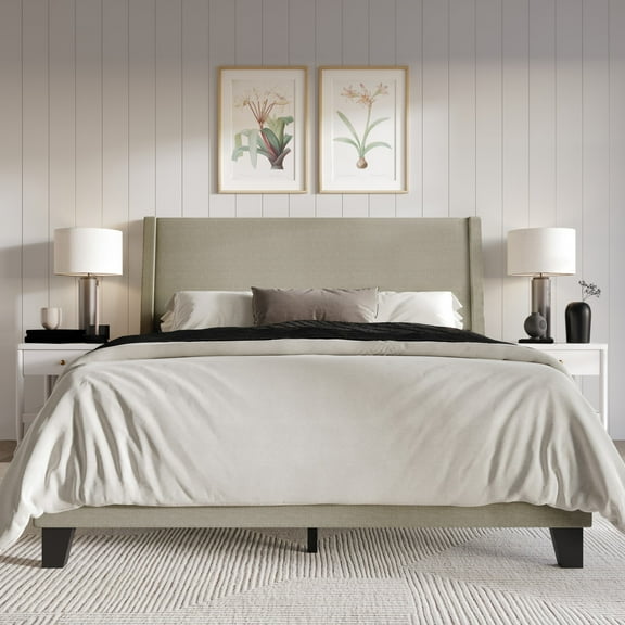 Home Design Sidney Full Upholstered Panel Bed with Durable Engineered Wood and Recycled Materials, Dark Beige, Easy Assembly