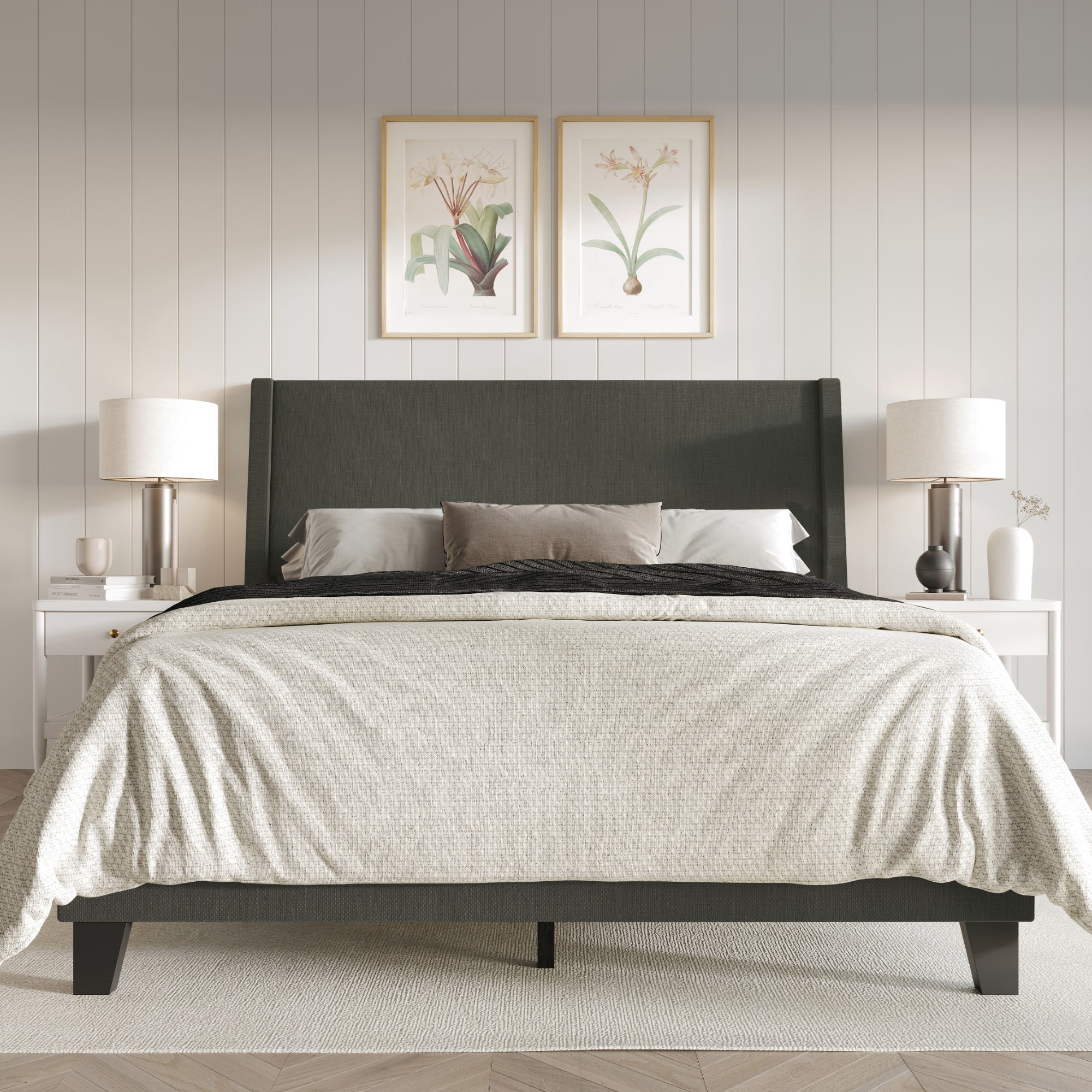 Home Design Sidney Full Upholstered Panel Bed with Durable Engineered Wood and Recycled Materials, Dark Gray, Easy Assembly