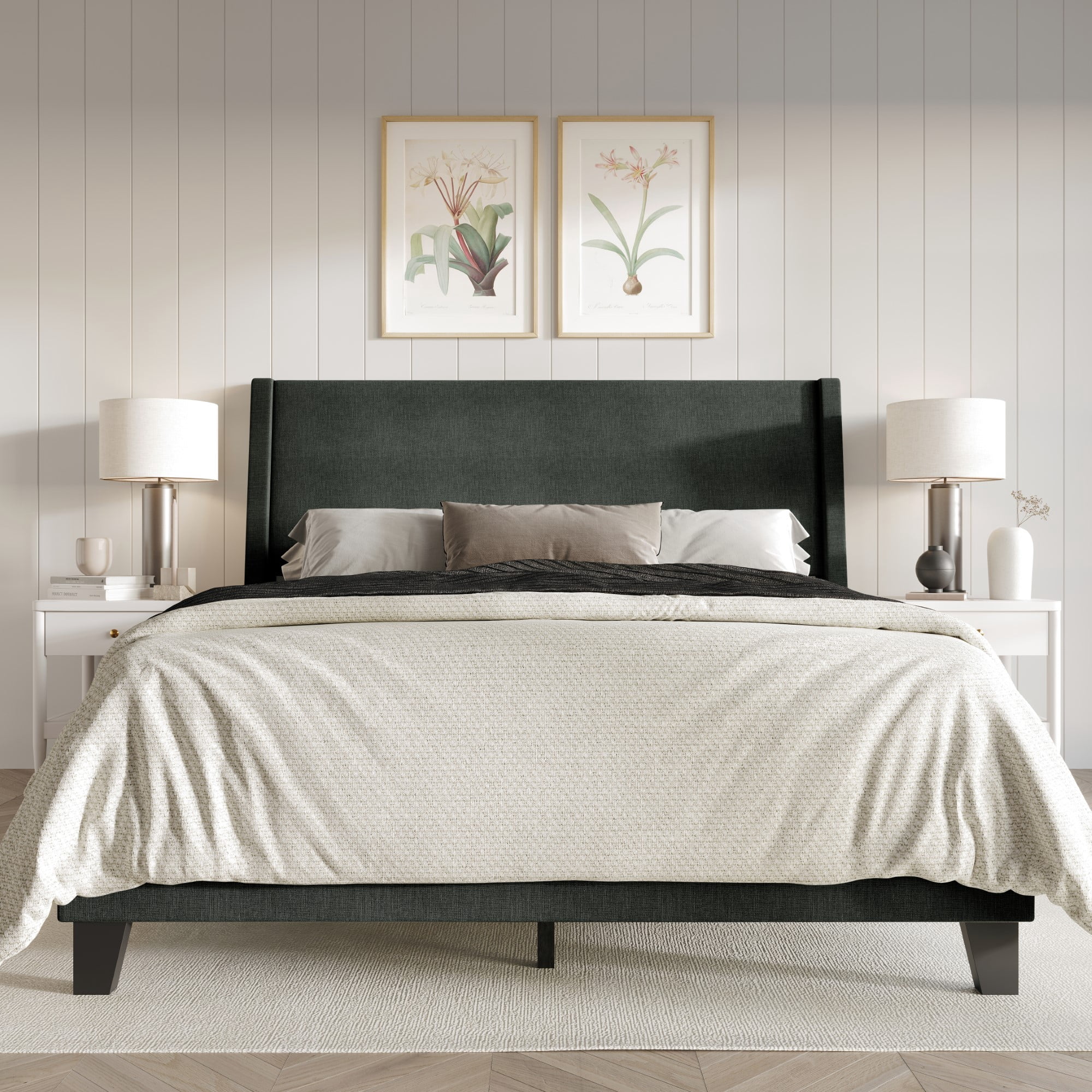 Home Design Sidney King Upholstered Panel Bed with Durable Engineered Wood and Recycled Materials, Charcoal Gray, Easy Assembly