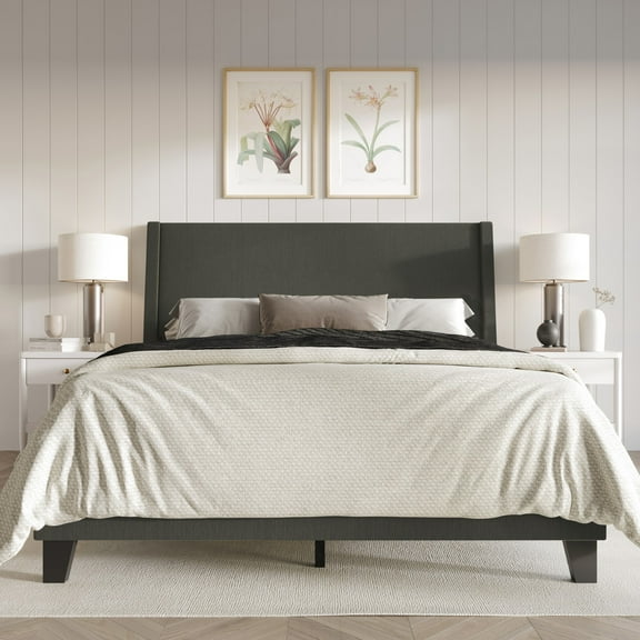 Home Design Sidney Twin Upholstered Panel Bed with Durable Engineered Wood and Recycled Materials, Dark Gray, Easy Assembly