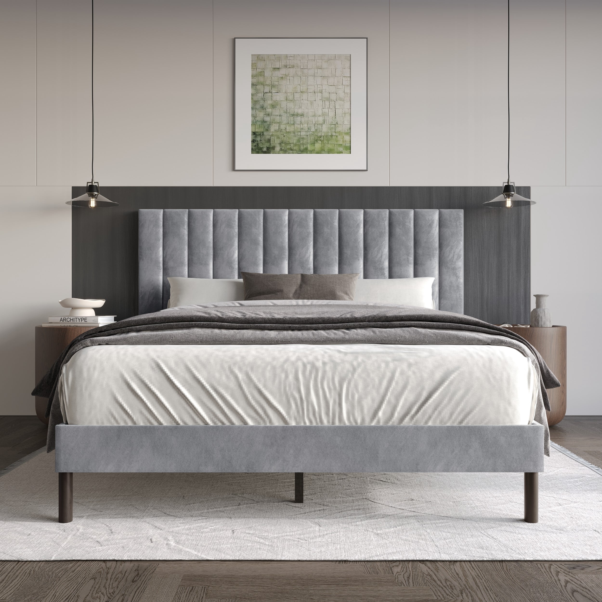 Home Design Sitka King Velvet Upholstered Platform Bed Frame with Channel-Tufted Headboard & Foam Padding, Silver Gray, Easy Assembly