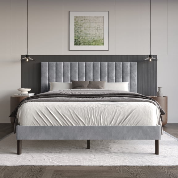 Home Design Sitka King Velvet Upholstered Platform Bed Frame with Channel-Tufted Headboard & Foam Padding, Silver Gray, Easy Assembly