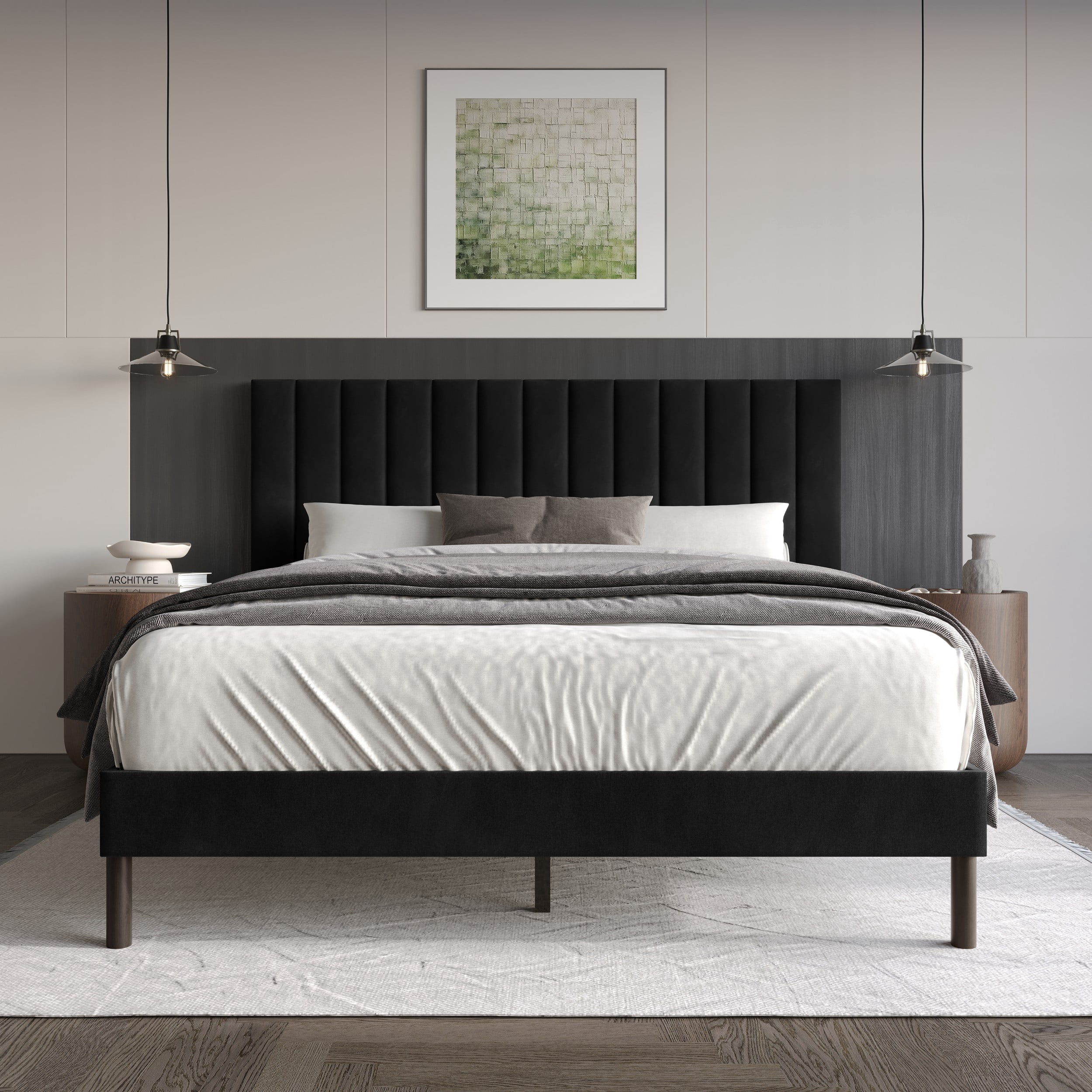 Home Design Sitka Queen Velvet Upholstered Platform Bed Frame with ...