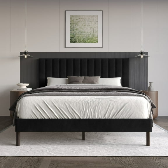 Home Design Sitka Queen Velvet Upholstered Platform Bed Frame with Channel-Tufted Headboard & Foam Padding, Black, Easy Assembly
