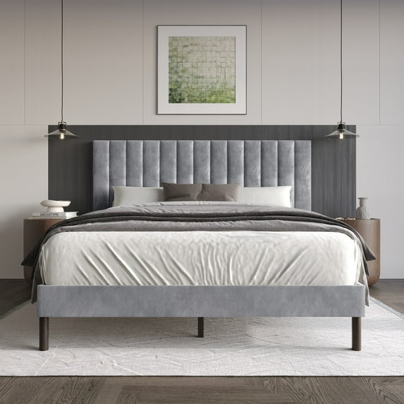 Home Design Sitka Queen Velvet Upholstered Platform Bed Frame with Channel-Tufted Headboard & Foam Padding, Silver Gray, Easy Assembly