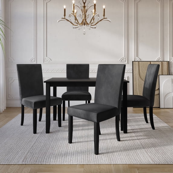 Home Design Skokie 5-Piece Dining Set, Black/Dark Gray, Rectangular Table with Parsons Cushioned Chairs, Modern Transitional Style, Solid Wood Frame