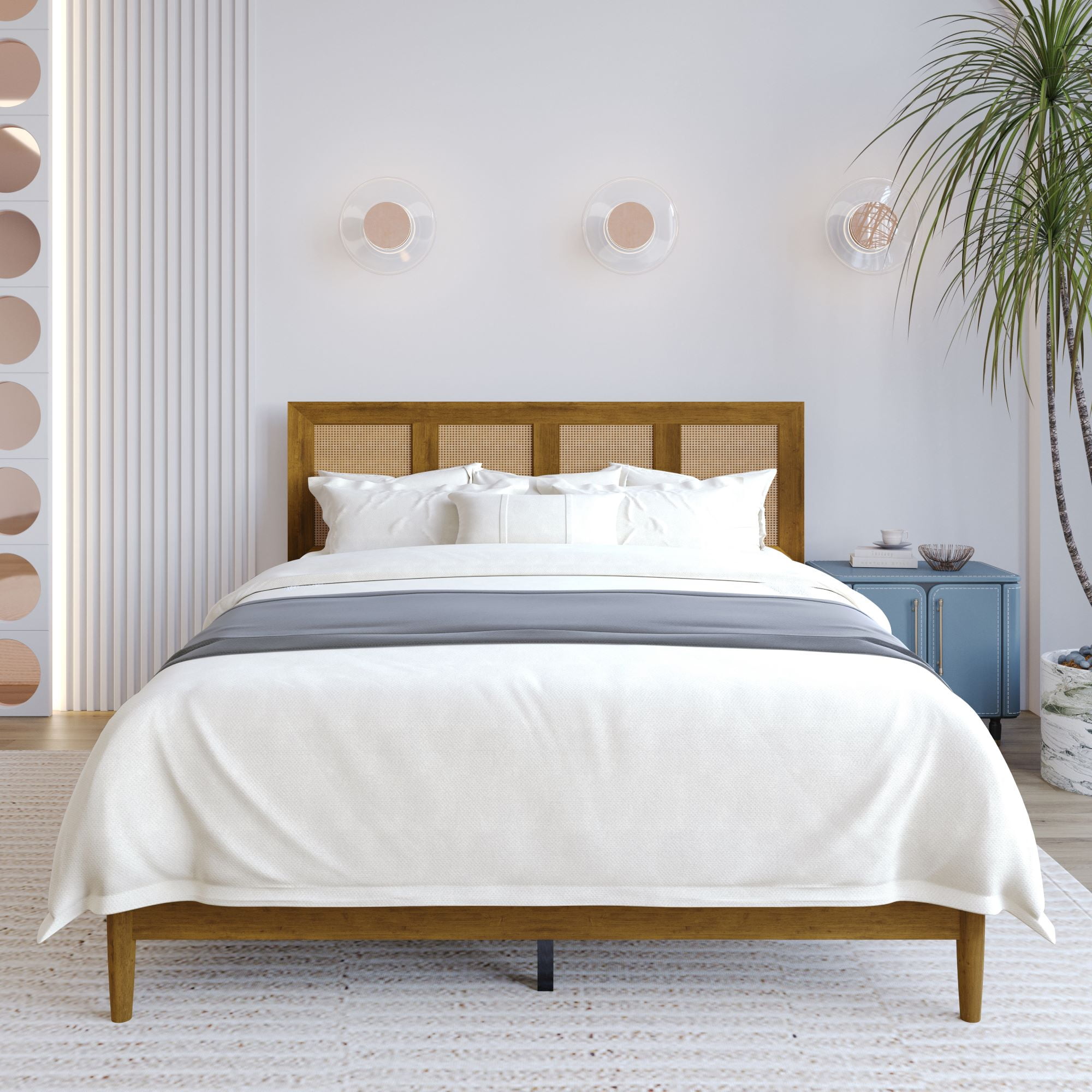 Home Design Skokie Full Platform Bed Frame with Rattan-Embellished Headboard and Full Slat System, Brown, Easy Assembly