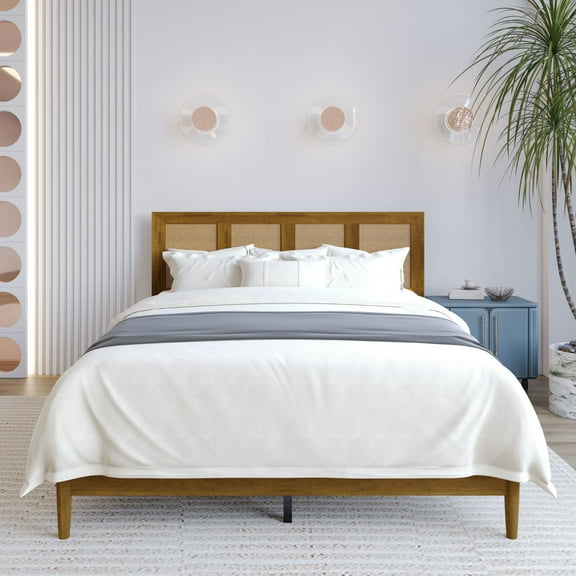 Home Design Skokie King Platform Bed Frame with Rattan-Embellished Headboard and Full Slat System, Brown, Easy Assembly