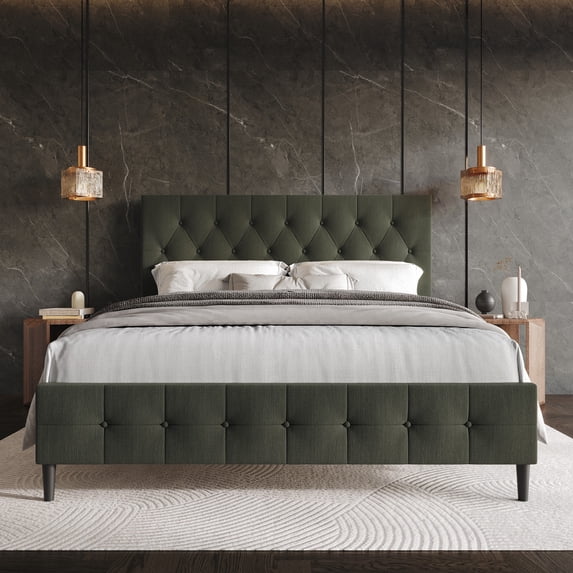 Home Design Socorro Full Tufted Upholstered Platform Bed with Button-Tufted Headboard and Slat Support, Dark Gray, Easy Assembly