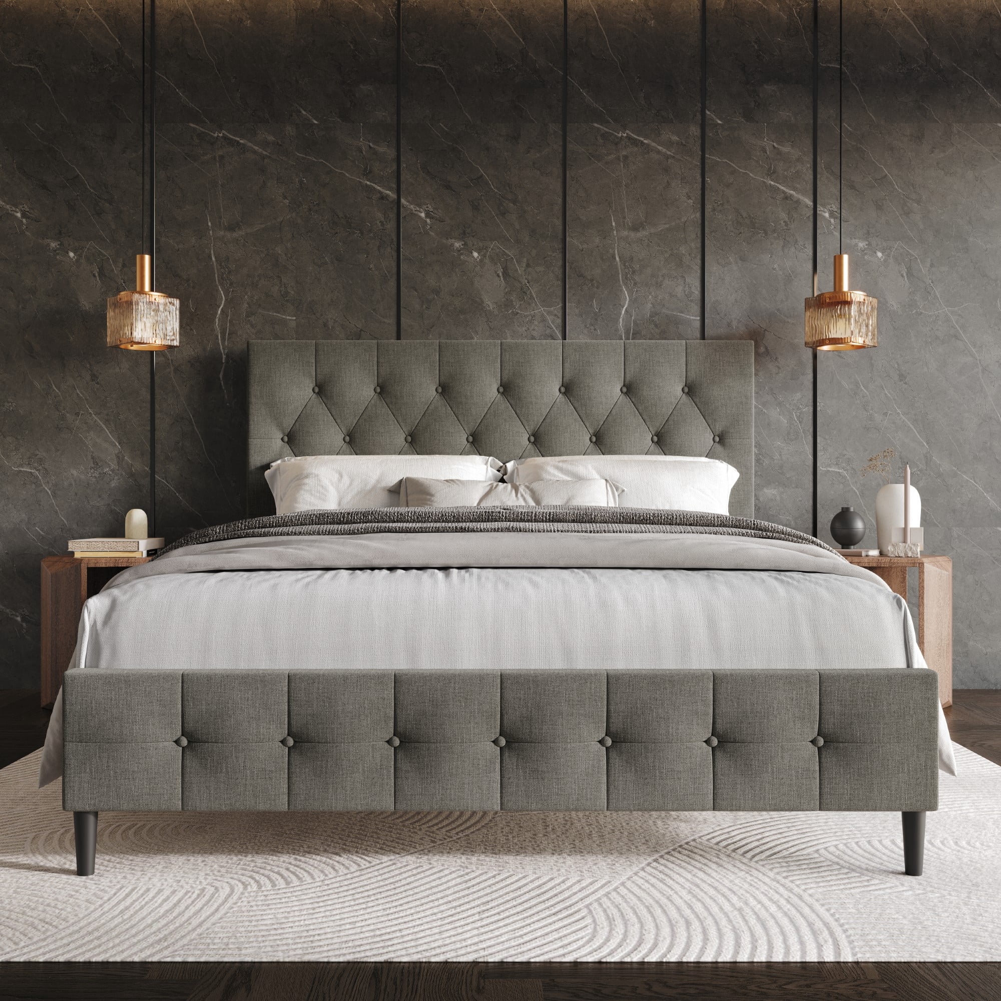 Home Design Socorro Full Tufted Upholstered Platform Bed with Button-Tufted Headboard and Slat Support, Gray, Easy Assembly