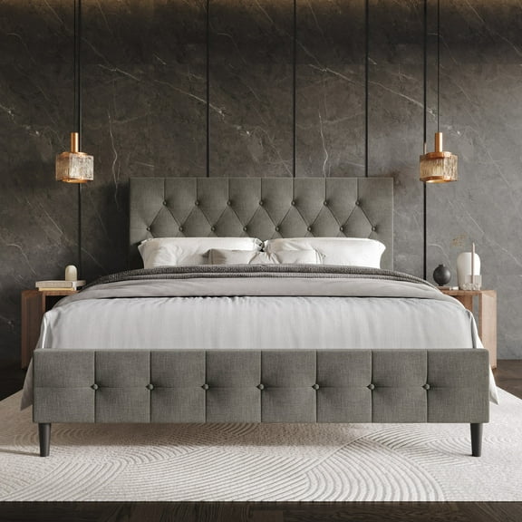 Home Design Socorro King Tufted Upholstered Platform Bed with Button-Tufted Headboard and Slat Support, Gray, Easy Assembly